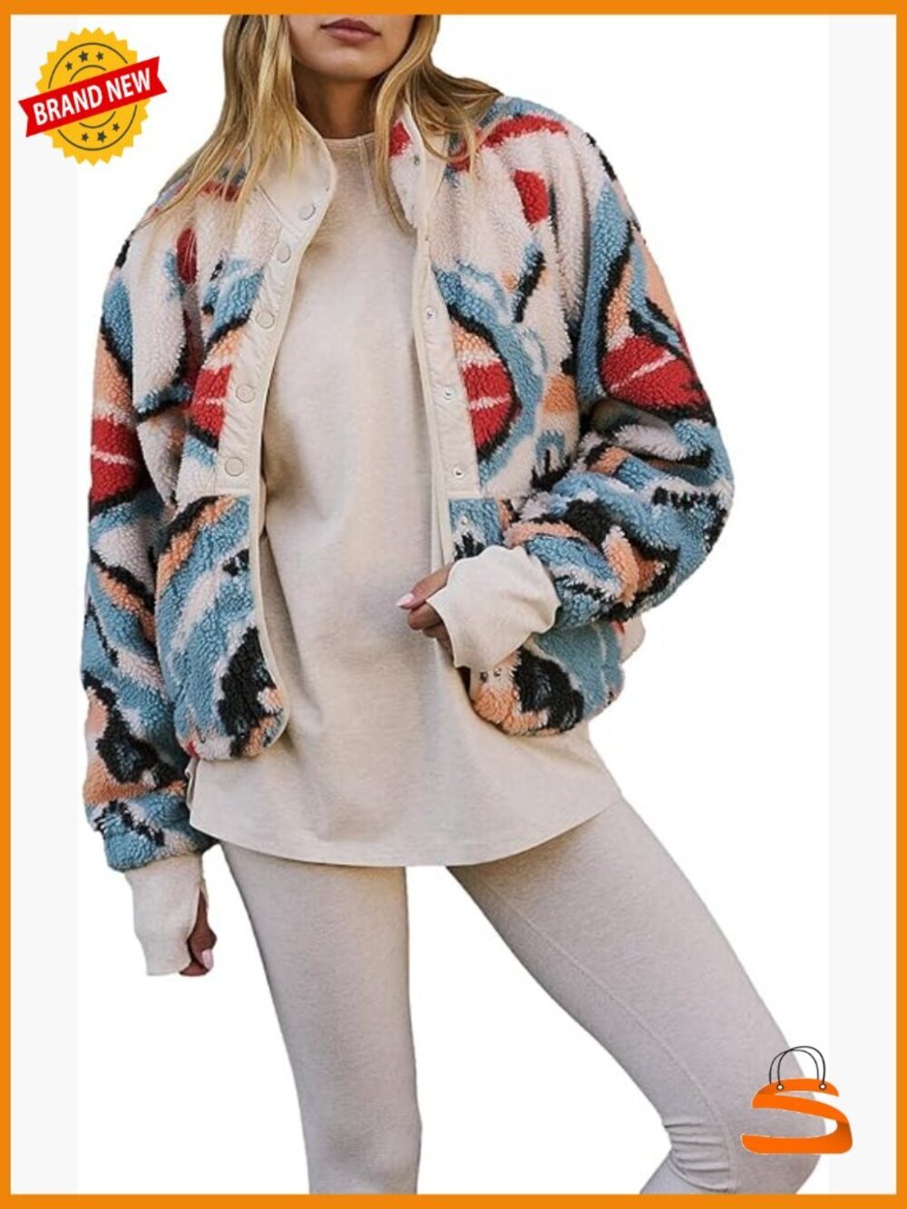 Printed Sherpa Jacket Button Down Fuzzy Fleece Coat Y2K Outerwear with Pockets